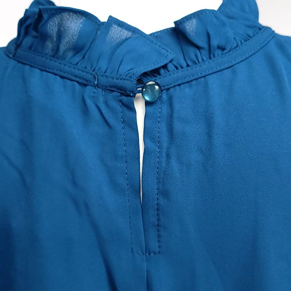 Romeo + Juliet Couture Cold‎ Shoulder Blouse Womens Ink Blue Ruffle Peplum M - Picture 6 of 9